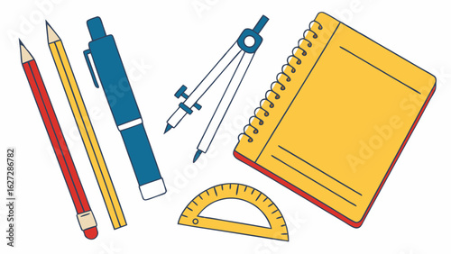 Educational Stationery Supplies Collection Flat Lay Vector Illustration. School, Office, and Art Tools with Notebook, Pencils, Pen, Compass, and Pr...