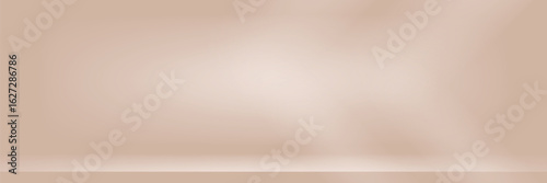 Studio beige gradient background with sunlight . Light neutral wall product room. Minimal pastel braun table scene. Empty desk stage for beauty presentation. Vector illustration. Banner template.