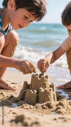 Two children building a sandcastle on the beach near the ocean