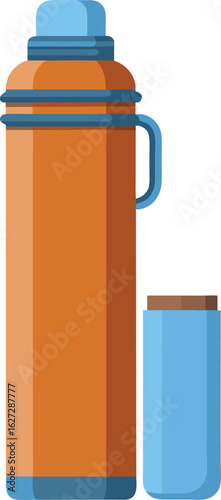 Thermos bottle with unscrewed cup lid on white background