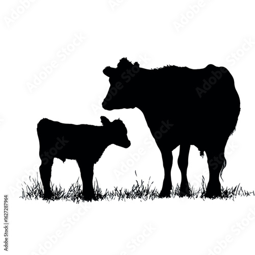 vector illustration of cow and calf silhouette set, Black & White silhouette set 