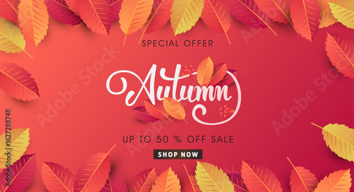 Autumn sale layout decorate with leaves for shopping sale web banner