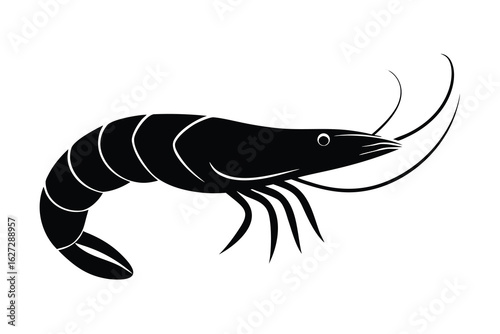 Black Shrimp Silhouette Illustration on White Background, Fresh Seafood Design Element
