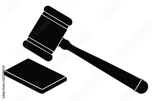Black Silhouette Illustration of a Gavel Resting on a Striking Block on White