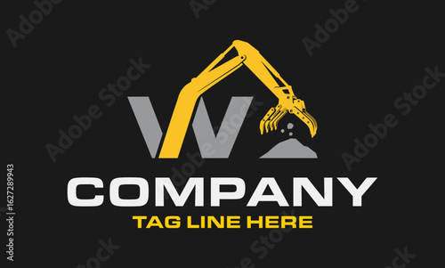 Letter W Arm Excavator Rake, Folding Rake logo template vector. Heavy equipment logo vector for construction company.