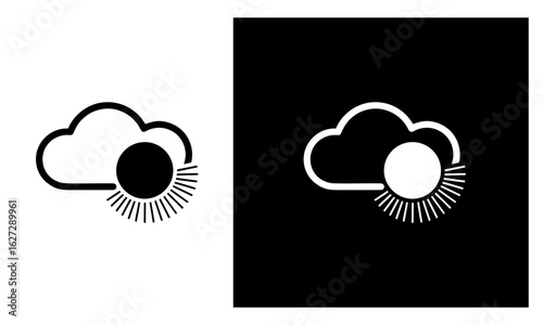 Black and white icon of a cloud partially covering the sun, minimal weather vector design