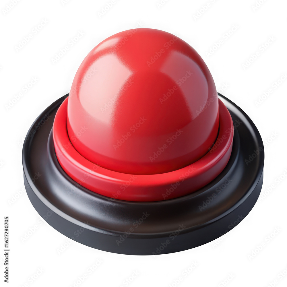Fototapeta premium A bright red spherical button with a black base isolated on transparent background