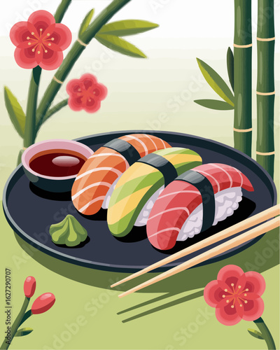  3D Cartoon Sushi Set with Chopsticks, Soy Sauce, and Wasabi
