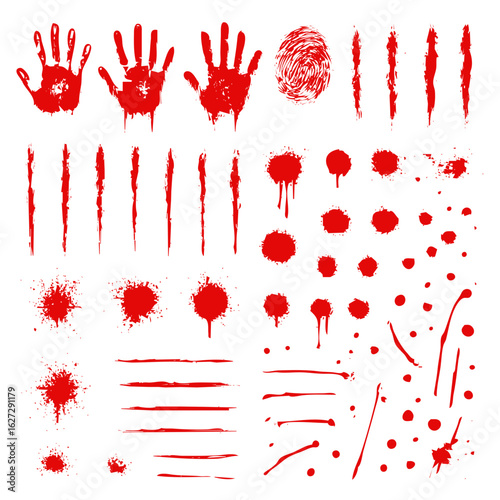 Red grunge handprints, fingerprint traces, and blood splatter elements isolated on white background, ideal for horror, forensic, and Halloween-themed designs