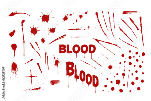 Collection of realistic red blood splatters, drips, and graphic stains isolated on white, ideal for horror, crime, and medical themes