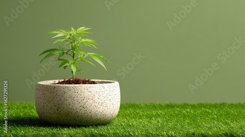 Green Plant in Modern Pot on Grass Background for Home Decor