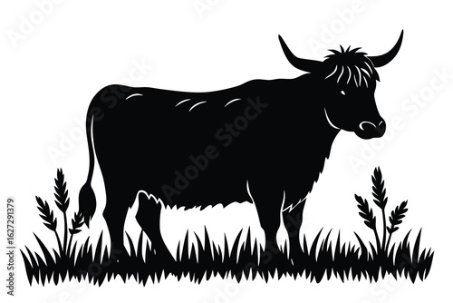 Black Silhouette of a Highland Cow Standing Tall in a Field of Grass Illustration