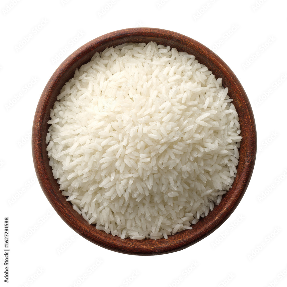 Fresh white rice in wooden bowl, perfect for cooking and serving. This staple grain is essential in many cuisines around world, offering versatility and nourishment Fresh white rice in wooden bowl, perfect for cooking and serving. This staple grain is essential in many cuisines around world, offering versatility and nourishment