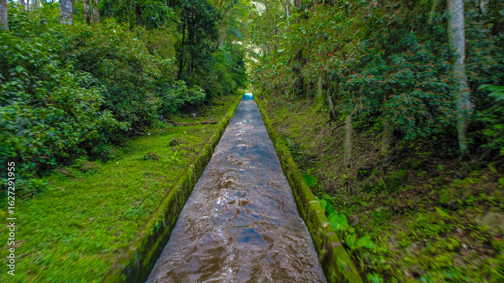 Fototapeta premium Tropical Water Canal in Dense Rainforest, Sustainable Infrastructure in Costa Rica