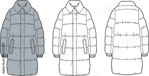 Puffer jacket cad drawing, front and back view, vector fashion sketch, winter coat design, flat illustration, technical garment sketch
