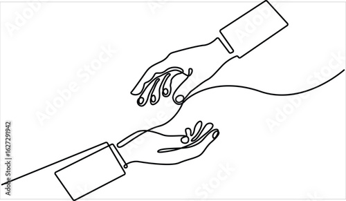 two hands reaching out towards each other continuous one line drawing, Single line drawing of romantic or helping concept.  Concept of love, hope, helping or support. Vector illustration.