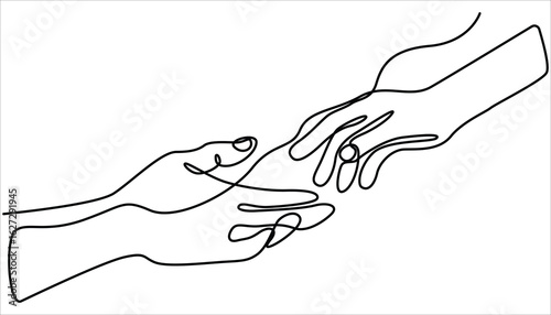 two hands reaching out towards each other continuous one line drawing, Single line drawing of romantic or helping concept.  Concept of love, hope, helping or support. Vector illustration.