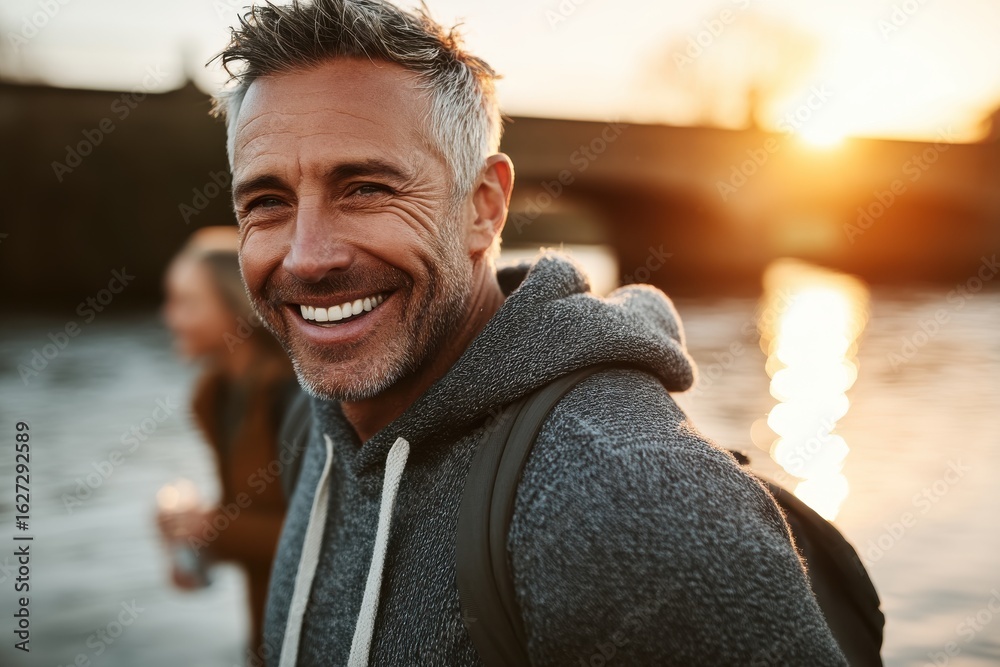 Fototapeta premium Joyful man smiling by the river sunset lifestyle portrait serene environment warm viewpoint happiness concept