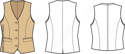 Women’s sleeveless button vest, tailored waistcoat design, fashion flat sketch, vector template, front and back view, CAD technical drawing
