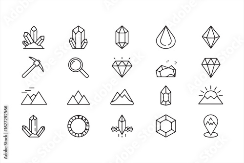 Mountain and Crystal Icons Pack – Geology, Mining, and Exploration Design Bundle