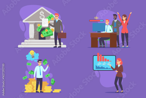 Various financial activities, including bank setting, individuals managing investments, and analyzing data. Collaboration and innovation in finance concept