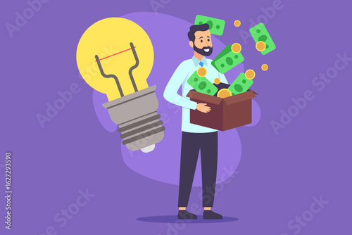 Businessman standing confidently with box overflowing with money, alongside large light bulb. Creativity and financial success concept