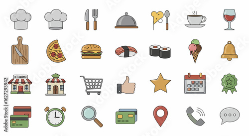A collection of colorful, outlined vector icons representing various aspects of dining, food, shopping, and communication.
