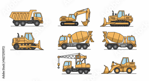 Illustration of various yellow construction vehicles including a dump truck, excavator, bulldozer, cement mixer, crane, and front loader.