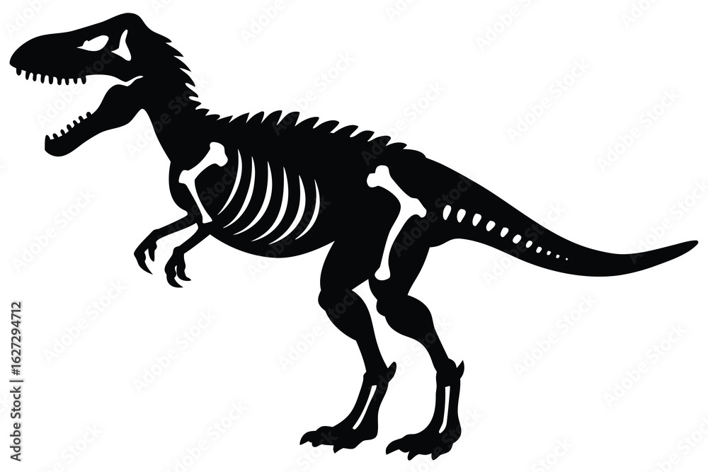 Fototapeta premium Black Silhouette of Tyrannosaurus Rex Skeleton with Sharp Teeth and Claws Illustrated