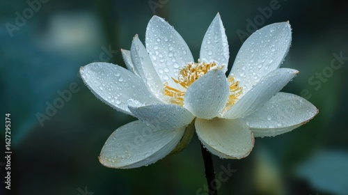 Delicate White Lotus Flower with Raindrops Glimmering in Light