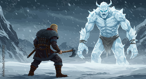 Ice Giant Confrontation: A Warriors Stand in the Frozen Wasteland.