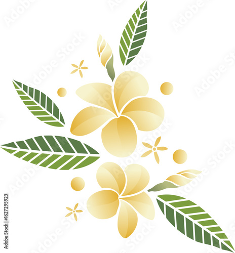 Elegant plumeria floral arrangement with leaves and accents
