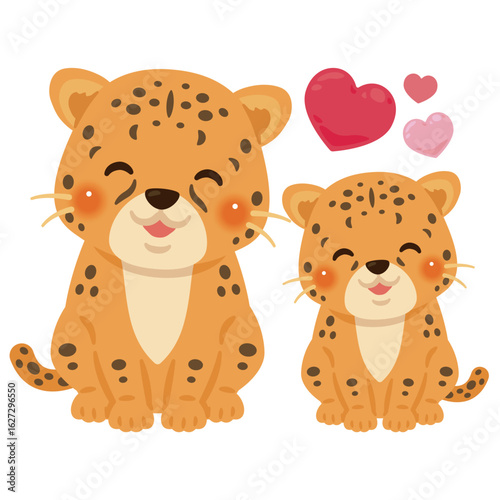 お座りした笑顔のチーターの親子イラスト