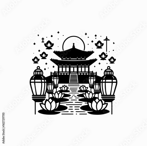 Minimalist Black Vector Logo of Korean Temple with Floating Lotus Lanterns Isolated on White Background	