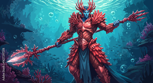 Underwater Warrior with Coral Armor and Trident in the Deep Sea.