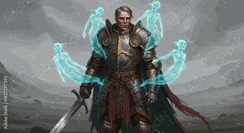 Armored Warrior with Spectral Guardians in a Fantasy Landscape.