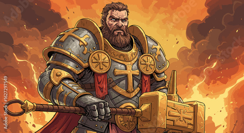 Bearded Knight in Ornate Armor Holding a Golden Hammer.