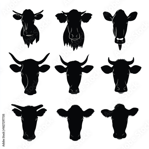 vector illustration of cow head silhouette set, Black & White silhouette set 