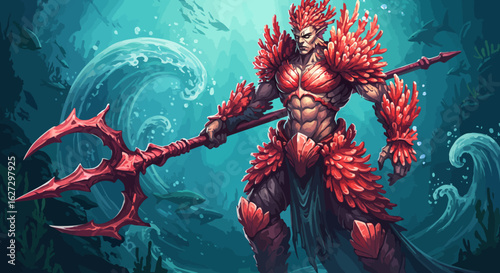 Coral Armored Warrior with Trident in Ocean Depths.
