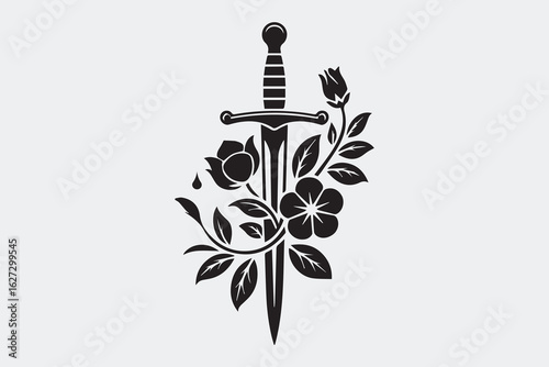 sword and floral design silhouette  vector