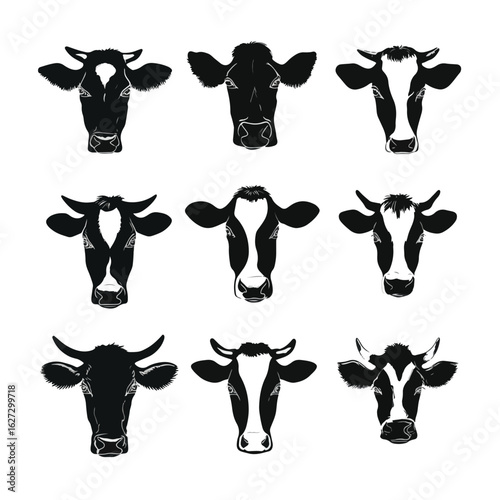 vector illustration of cow silhouette set head set, Black & White silhouette set 