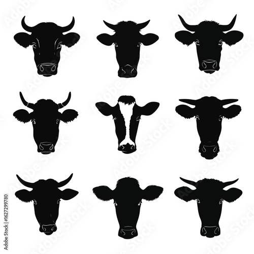 vector illustration of cow silhouette set head set, Black & White silhouette set 