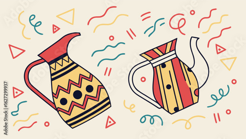 Two decorative jugs with geometric patterns isolated on white background, a retro and vintage style illustration for kitchen and tableware design