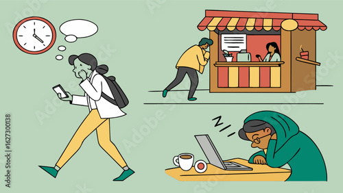 A woman hurrying while looking at her phone, a worker at a stall, and a woman sleeping at her laptop, depicting a busy day