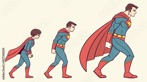Illustration of a superheros evolution, depicting the transformation and growth of a character from childhood to adulthood with cape and suit