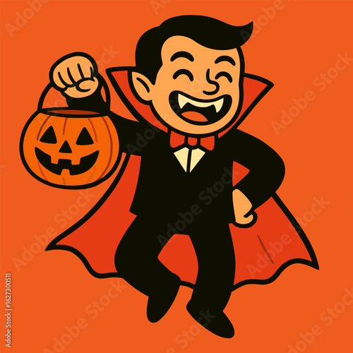 A cheerful young man in a cute vampire costume grins widely while holding a jack-o'-lantern bucket. The style is funky and playful, with bold lines and a vibrant, solid orange background.