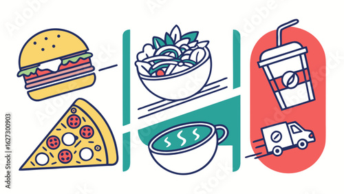 Order food online fast food delivery burger pizza salad coffee and tea delivery truck vector illustration
