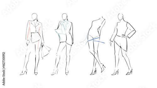 Fashion sketch illustration of four women in different poses wearing stylish clothing isolated on white background