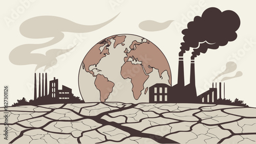 Global warming and climate change illustration showing pollution and cracked earth landscape design