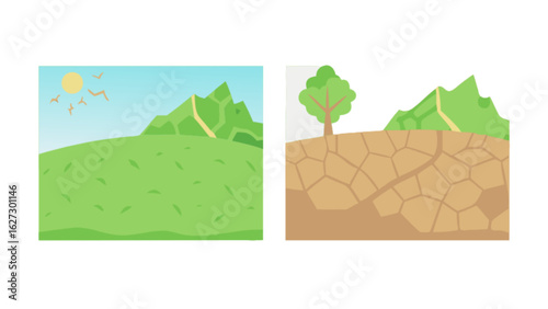 Climate change impact illustration showing fertile land and drought comparison graphic vector landscape design